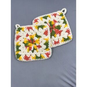 Vintage‎ Set Of Crocheted Potholders Cream, Green, Yellow & Red